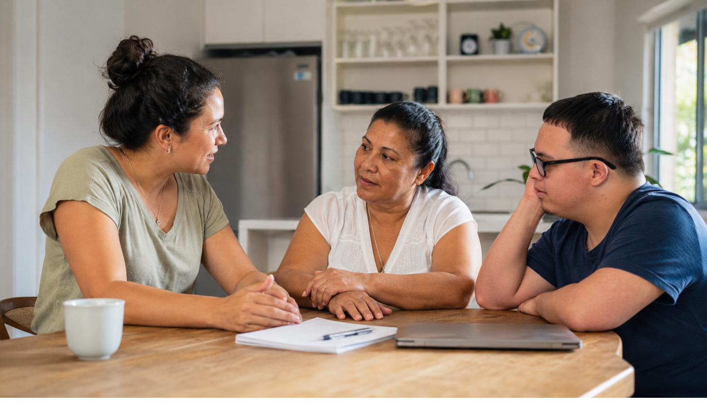 A family and coordinator planning supports together at home