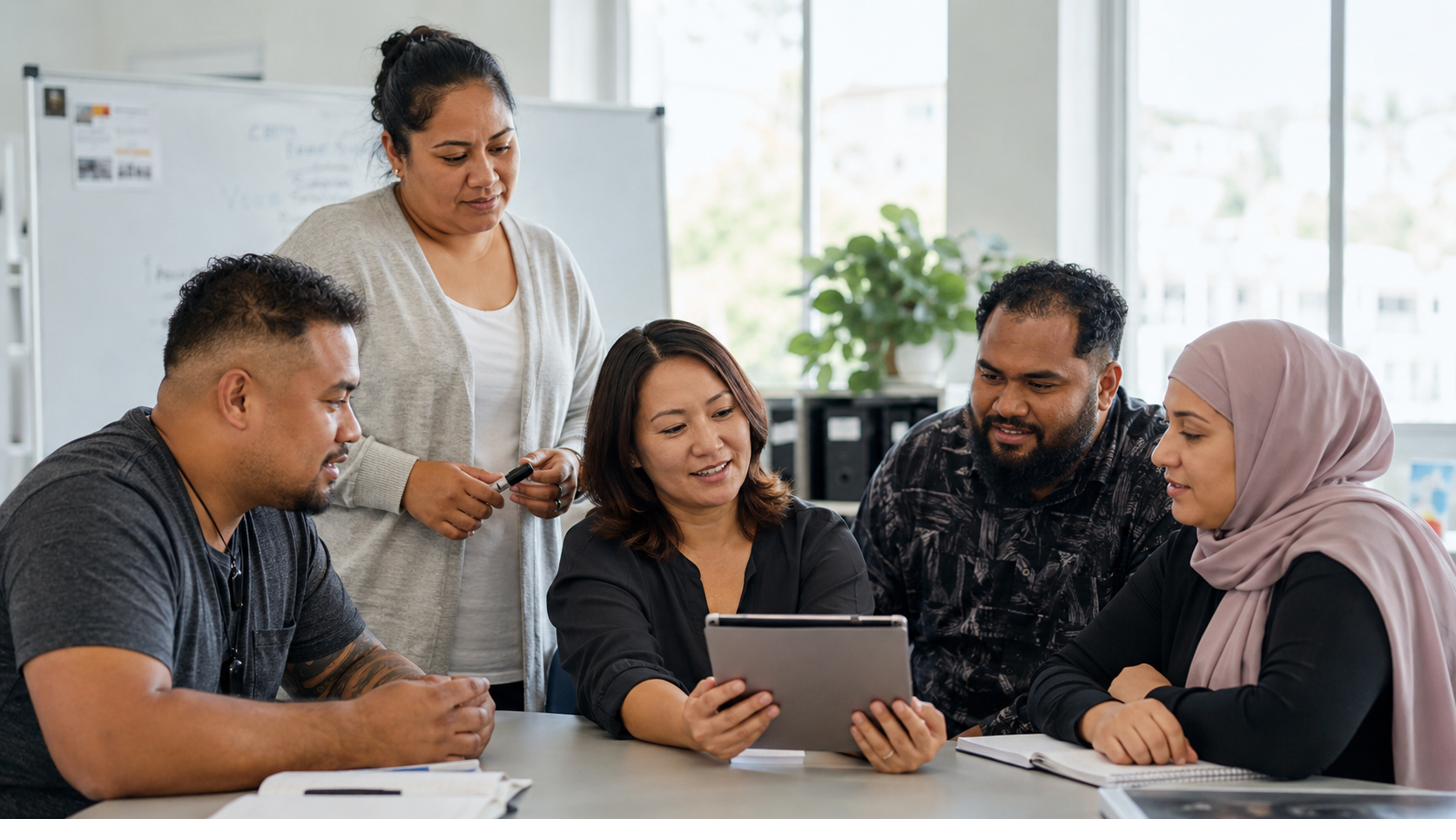 A diverse support team reviewing the platform together